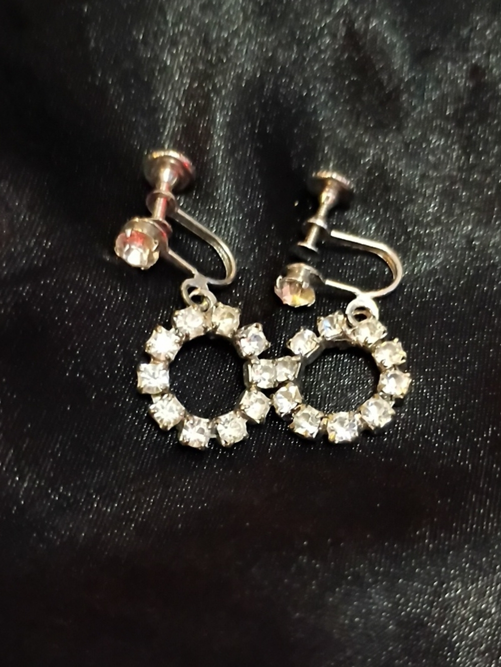 Vintage Signed Coro 1960s Silvertone Rhinestone Screw Back Hoop Earrings